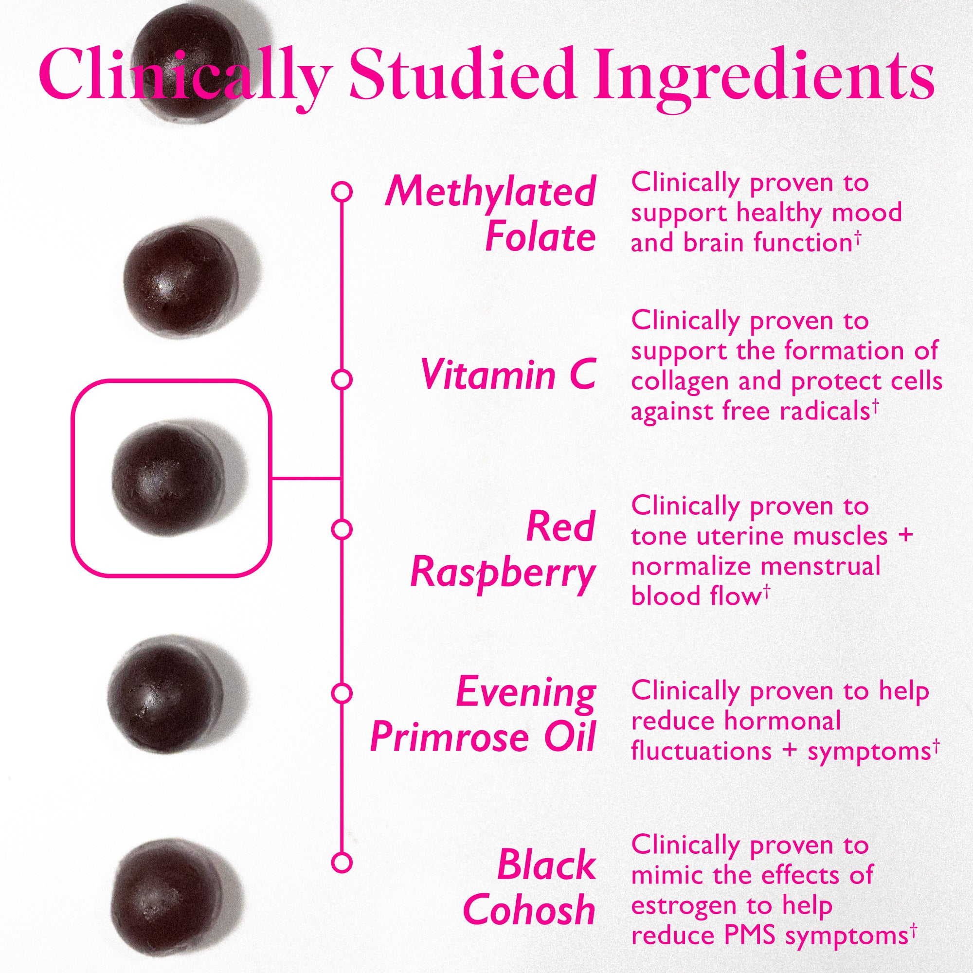 Line of Amy Suzanne Hormone Balance Gummies vertically across the screen with line to each ingredient and what they are clinically studied to do. Clinically studied ingredients.