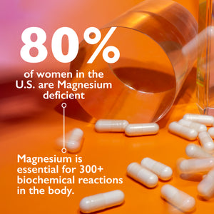 Supplement capsules falling and piled with a clear prism and blur effect. 80% of women in the U.S. are Magnesium deficient - Magnesium is essential for 300+ biochemical reactions in the body.