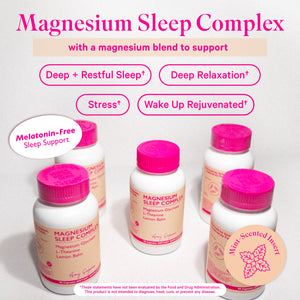 Assortment of Amy Suzanne Magnesium Sleep Complex bottles. Magnesium Sleep Complex with a magnesium blend. Melatonin-free sleep support.