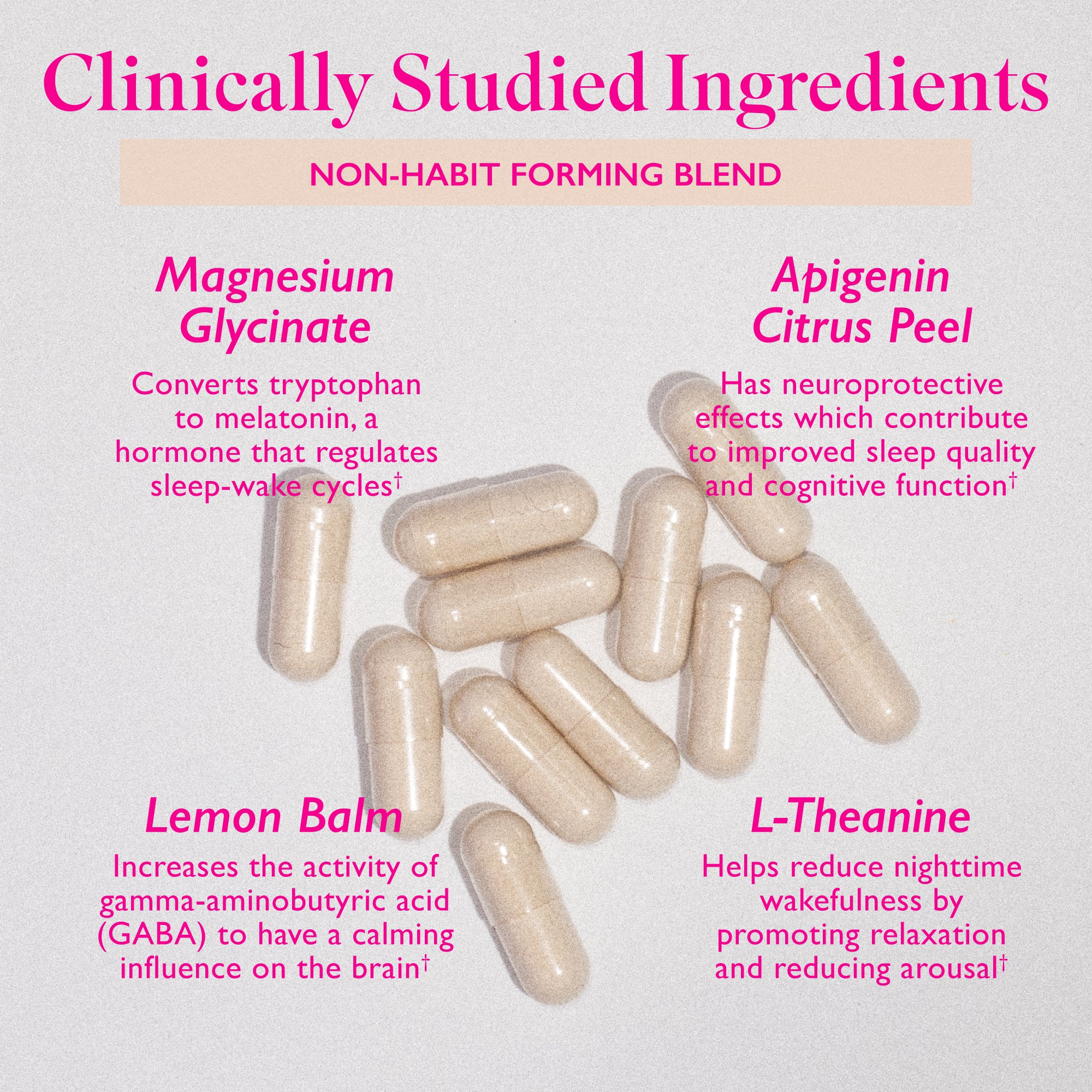 Assortment of capsules laying on white background. Clinically studied ingredients. Non-habit forming blend. List of ingredients and how they support sleep.