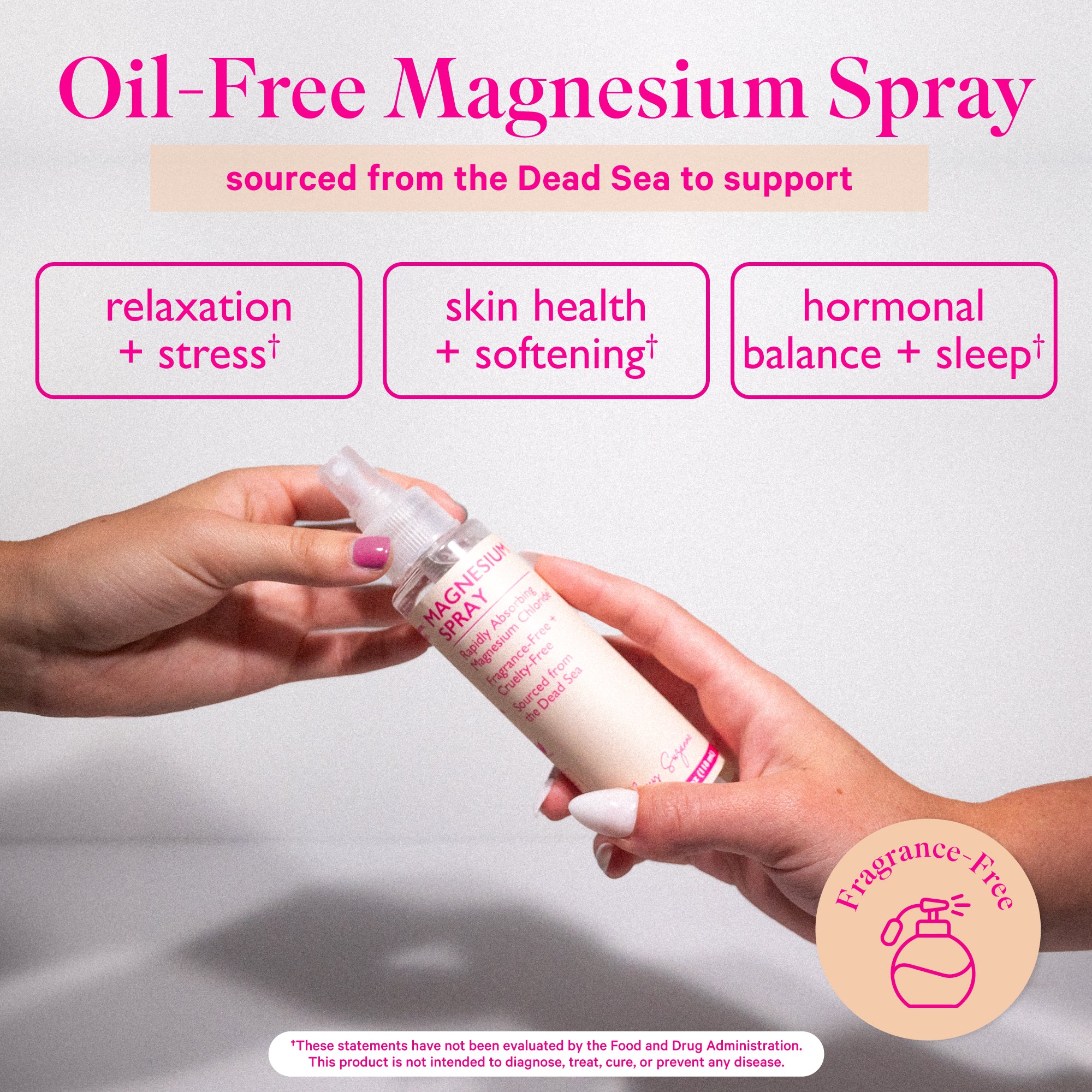 Amy Suzanne Magnesium Spray being passed between two hands. Oil-Free Magnesium Spray sourced from the Dead Sea. Fragrance-free.