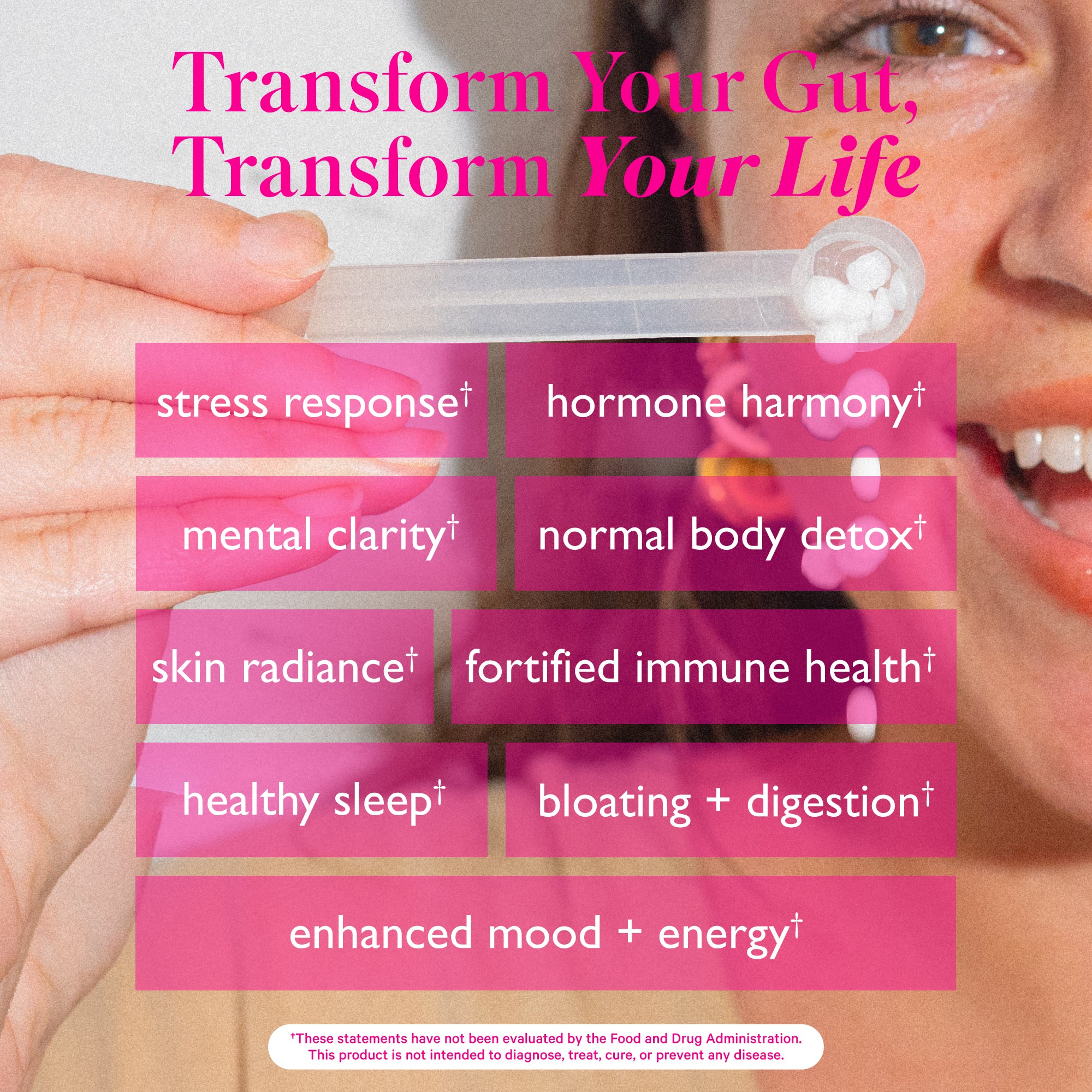 Woman pouring out scooper of Amy Suzanne Monolaurin. Transform your gut, transform your life. List of benefits.