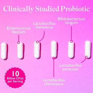 Overhead shot of a line of white supplements across the image. Clinically studied probiotics with a list of the probiotic strains pointing to the supplements.