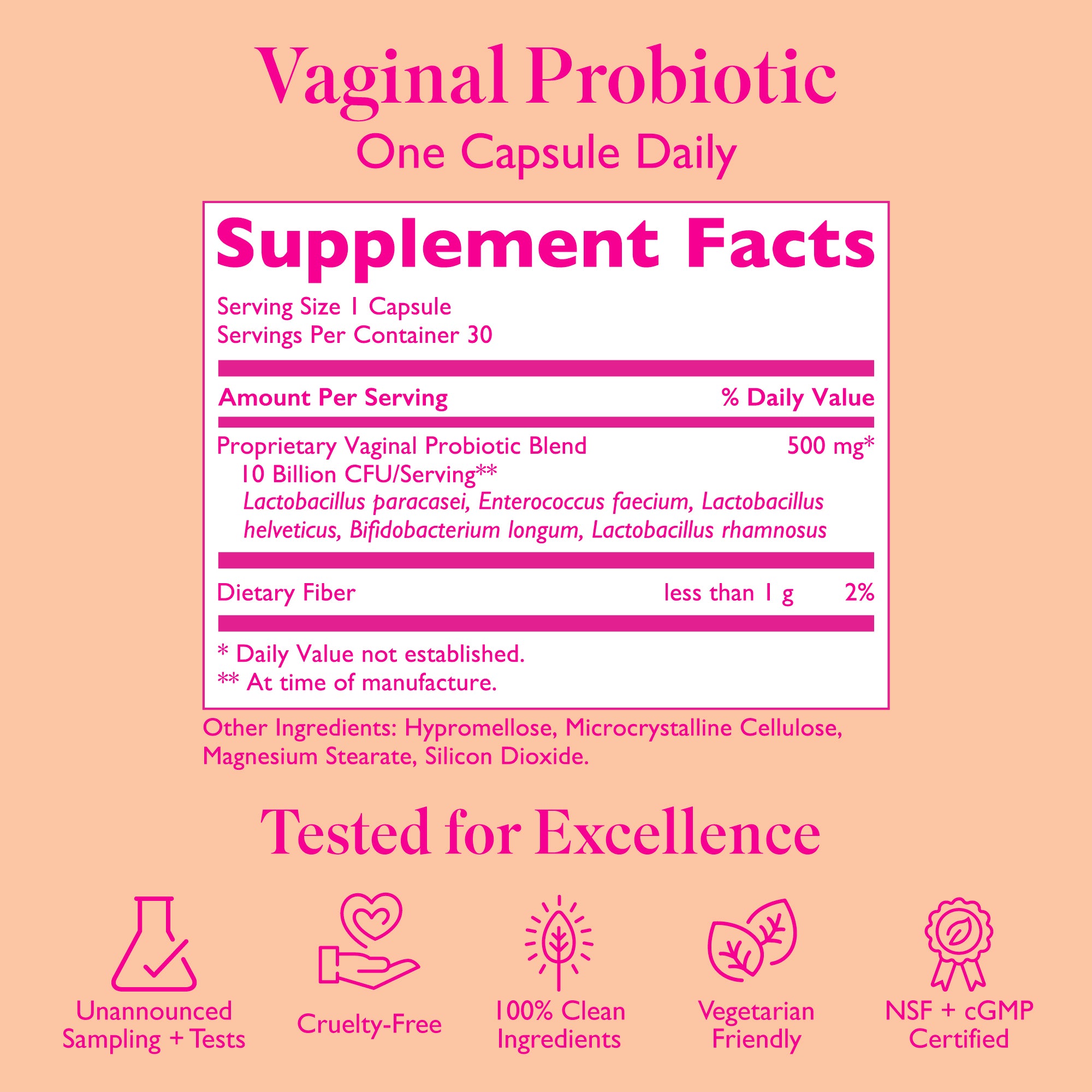 Amy Suzanne Vaginal Probiotic supplement facts panel.