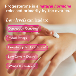 Close-up of hands rubbing cream on the back of them. Progesterone is a natural hormone released primarily by the ovaries.