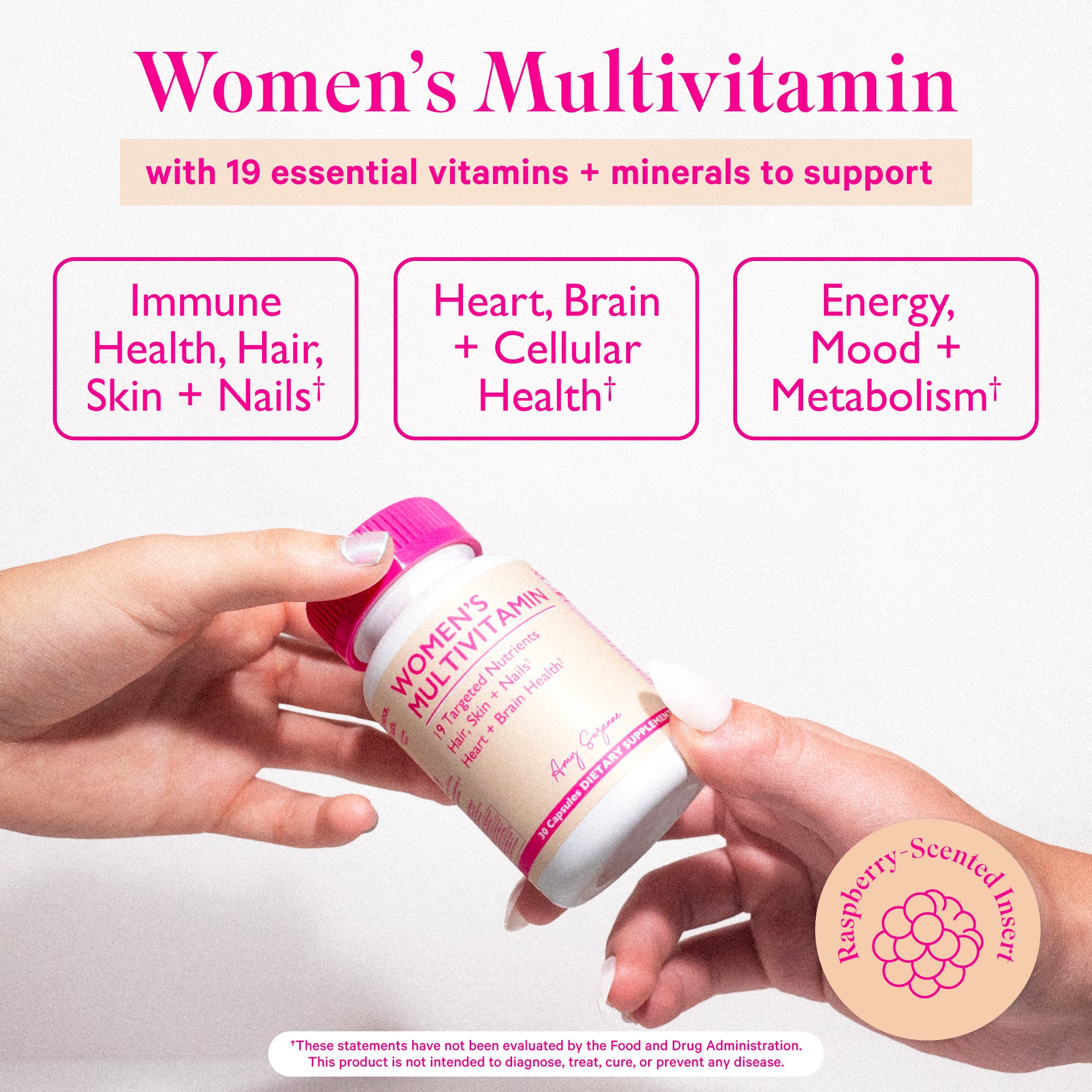 Amy Suzanne Women's Multivitamin bottle being passed between two hands. Women's Multivitamin with 19 essential vitamins and minerals to support immune health, hair, skin + nails, etc.