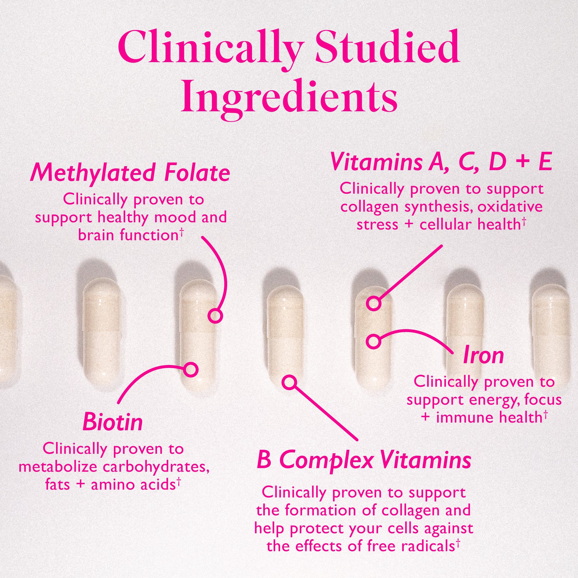 Line of white supplements on white background with line pointing to them and listing ingredients and what they are clinically proven to do. Clinically studied ingredients.