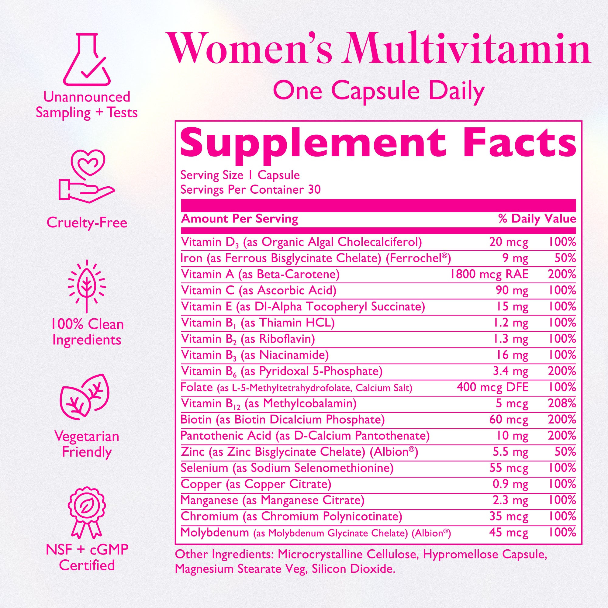 Amy Suzanne Women's Multivitamin supplement facts panel.